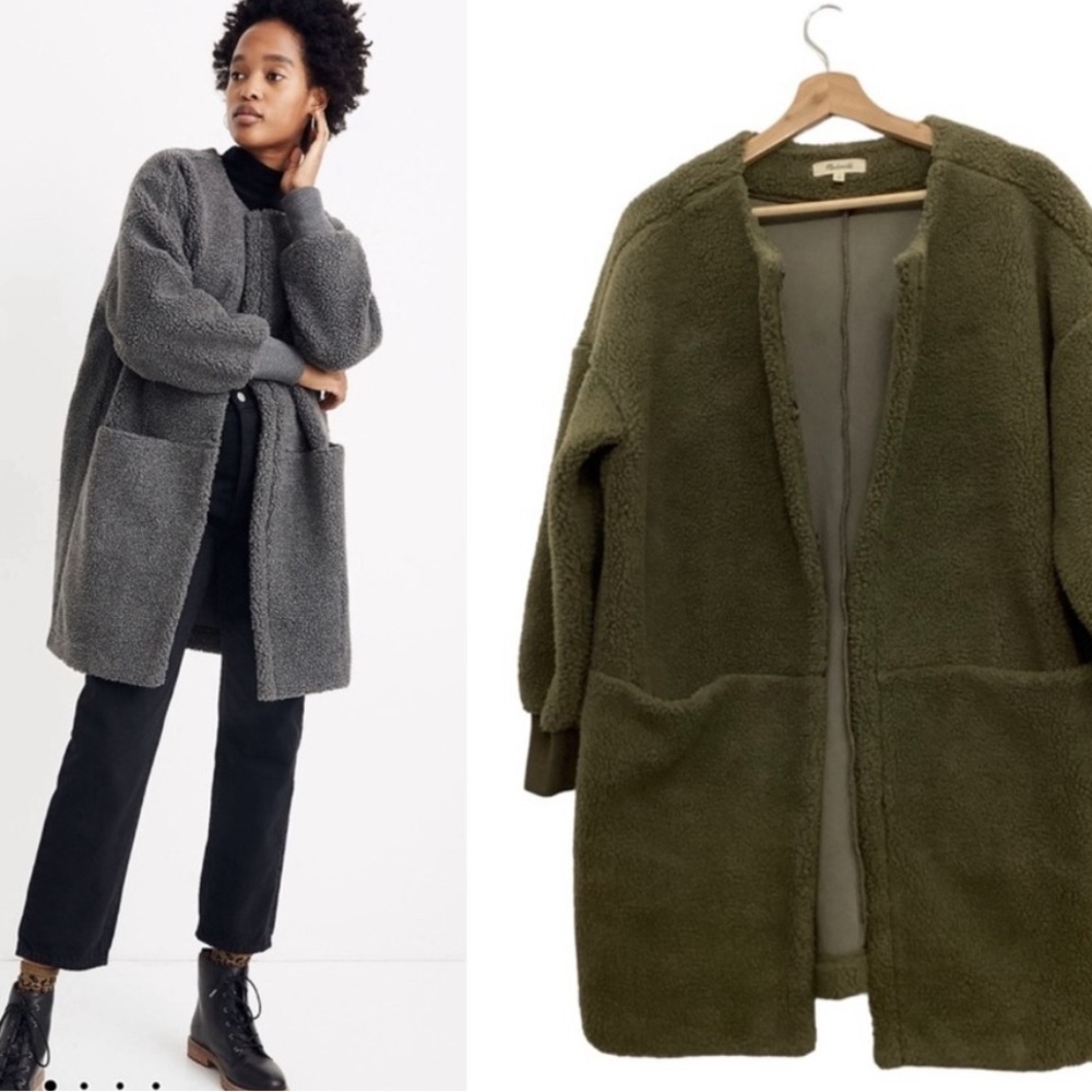 Madewell Bonded Sherpa Cocoon Coat in Olive Green Size S